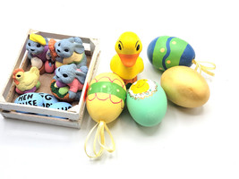 Lot of  Bunny Rabbits Duck Figurine Spring Easter Eggs Miniatures in Wood Crate - £17.32 GBP
