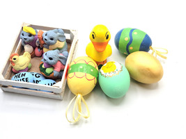 Lot of  Bunny Rabbits Duck Figurine Spring Easter Eggs Miniatures in Wood Crate - £16.42 GBP