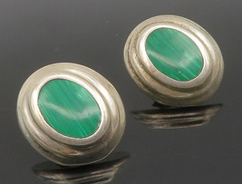 MEXICO 925 Silver - Vintage Inlaid Malachite Oval Dome Drop Earrings - EG6869 - £43.95 GBP