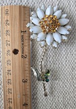 Large Vintage White Milk Glass Flower Daisy Gold &amp; Green Rhinestones Bro... - $37.61