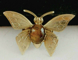 Vintage tiger&#39;s eye gemstone butterfly Brooch Pin gold tone - £7.00 GBP