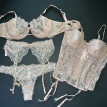 Victoria&#39;s Secret 36B,36D,36DD Bra Set+Garter Corset Beige Silver Evening Blush - £170.86 GBP