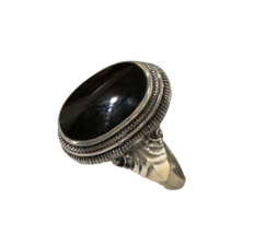 Solid Sterling Silver Large Polished Black Onyx Stone Stepped Setting 9 Sz 9 g - £20.16 GBP
