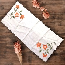 Vtg Linen Hand Embroidered Floral Dresser Scarf Table Runner Hemmed Ruffle Edge - $11.29