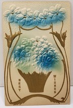 Best Wishes Pretty Blue Flowers in Gold Gild Basket Embossed Postcard E3 - £4.75 GBP