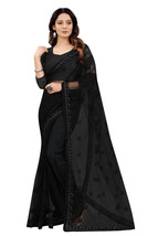 Designer Black Heavy Resham Zari Badla Embroidery Sari Net Party Wear Saree - £61.59 GBP