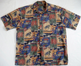 Tori Richards Men&#39;s Large Hawaiian Shirt Lawn Fish Honu Turtle Palms Flowers - £31.64 GBP