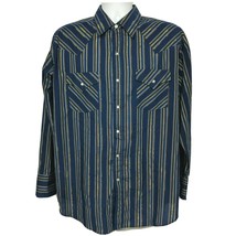 Plains Western Wear Pearl Snap Shirt Size Large Blue Gold Striped Long Sleeve - £26.42 GBP