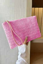 Rose Red Straw Woven Wrist Strap Zipper Large Wallet - $127.20 MXN