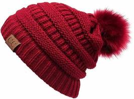 Burgundy Pom - Beanie Hat Stretch Cable Knit Ribbed Super Soft Faux Fur ... - £20.28 GBP