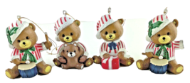 Christmas Vintage Ornaments 4 Plastic Bears in Red and White Striped Outfits  - $25.44