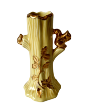 Yellow Ceramic Tree Trunk 22K Gold Trim Squirrel &amp; Leaf Design Flower Bud Vase - £8.79 GBP