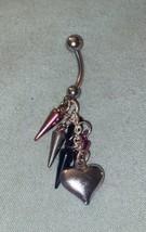 Dangle Heart &amp; Spikes Pink Black Gray 14 Gauge Belly Button Ring Surgical  Steel - £4.55 GBP