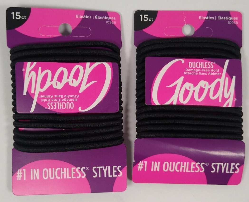 Lot of 2 Goody WoMens Ouchless Braided Elastics, Black, 15 Count - $10.99