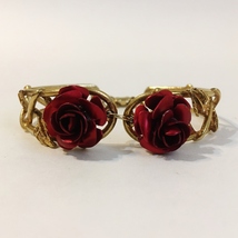 Red Rose Bracelet Bangle Gold Tone Metal Leaf Vine Branch Double Flowers Band - £23.51 GBP