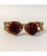 Red Rose Bracelet Bangle Gold Tone Metal Leaf Vine Branch Double Flowers... - $30.00