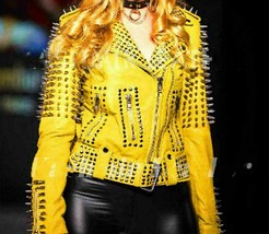 Women Yellow with Silver Studded Punk Rock Biker  Leather Jacket - £234.15 GBP