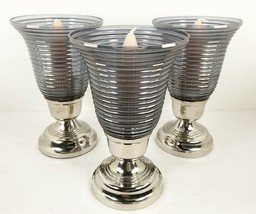Gray Blue Ribbed Glass Silver Base Candle Holders Set Of 3 Taper Or Shorter 8&quot; - £27.12 GBP