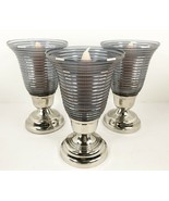 Gray Blue Ribbed Glass SILVER BASE CANDLE HOLDERS Set of 3 Taper or shor... - £27.68 GBP