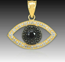 14k Yellow Gold Evil Eye with 16 Clear and 8 Black Diamond Pendant Necklace - £179.32 GBP+