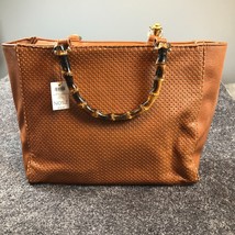 CHICOS Bamboo Tote Bag Cognac Faux Leather Purse Large Brown NWT  - £27.46 GBP