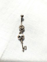 Gothic Skull Head Key Heart Opener Silver Alloy Charm on 14g Clear CZ Belly Ring - £4.71 GBP