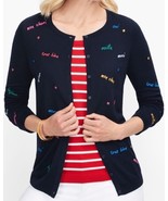 Talbots NWOT Deep Navy Blue French Expressions Embroidered Cardigan Size... - $31.44 CAD