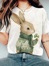 Women&#39;s Rabbit And Clover Watercolor Art Print Casual T-Shirt - £15.46 GBP