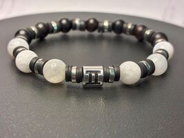 Gemini Zodiac Bracelet: Moonstone &amp; Dark Wood Beaded Stretch Bracelet - $27.27
