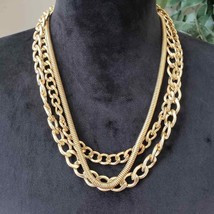 Womens Fashion Triple Layer Gold Tone Chain Collar Necklace with Lobster Clasp - £23.98 GBP