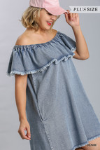 Off Shoulder Ruffled Denim Dress With Frayed Hem &amp; Pockets 1XL - £43.21 GBP+