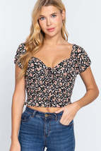 Black Sweetheart Neck Front Tie Short Sleeve Retro Floral Woven Top_ - £7.84 GBP