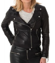 Women&#39;s Genuine Lambskin Real Leather Jacket Slim fit Biker Jacket For Women-067 - £93.70 GBP