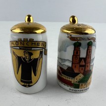 Salt and Pepper Shakers Beer Steins Munich Germany Gold Top Painted 2&quot; Souvenir - £11.81 GBP