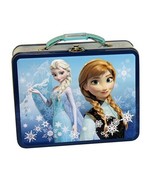 Disney&#39;s Frozen Anna and Elsa Embossed Carry All Tin Tote Lunchbox Blue,... - £11.51 GBP