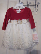 Nwt - Bonnie Baby Girl&#39;s Size 6/9M Red &amp; White Long Sleeve 2-Piece Dress - £32.16 GBP