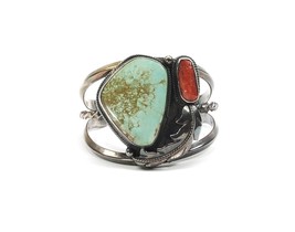 Navajo Sterling Silver Cuff Bracelet Turquoise Coral Feather Vintage Handcrafted - £235.76 GBP