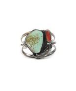 Navajo Sterling Silver Cuff Bracelet Turquoise Coral Feather Vintage Han... - $295.00