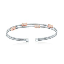 Sterling Silver Interlaced Triple Wire Bonded 14k Rose Gold Flat Bars CZ Bangle - £114.60 GBP