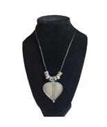 Silvertone Bohemian Rustic Heart Spade Necklace on Black Cord 32 in - £10.89 GBP