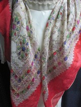 &quot;&quot;Vintage Silk Scarf - Jewel Tone Brooches Design - Red Border&quot;&quot; - £6.95 GBP