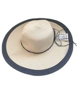 Floppy Brim Sun Paper Hat Beach Cream &amp; Navy Blue 17&quot; Wide Straw READ - $13.27