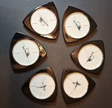 Sierra Madre S&amp;R MCM California Pottery Fly Fishing Black Gold Coaster Set 6 VTG - £98.54 GBP