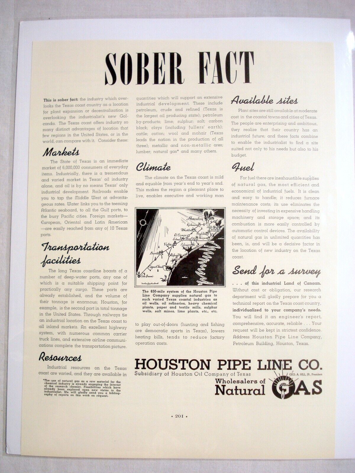 Primary image for 1937 Houston Pipe Line Co. Ad Natural Gas Wholesaler Sober Fact