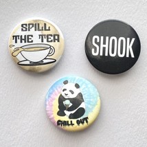 SHOOK Spill The Tea Chill Out Panda Pin Button Pinback Collectible Set Of 3 - £11.74 GBP