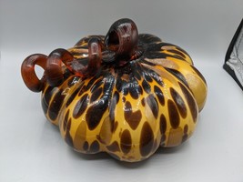 Hand Blown Glass Art Pumpkin Orange Brown Glitter Metallic Curly Stem Ha... - £22.15 GBP