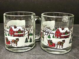 2 Vintage Libbey Coffee Mugs Cups Winter  Village Snow Scene Horse Sleig... - $18.98