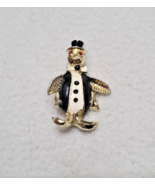 Vintage Silver Tone Enamel Penguin Brooch Pin Top Hat Suit Black White R... - £7.72 GBP