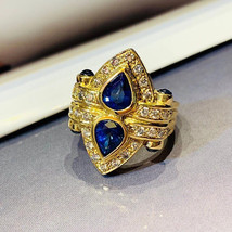 Victorian Style Elongated Ring 14K Yellow Gold Plated 2.50Ct CZ Sapphire 925 - £95.91 GBP