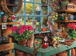 Framed canvas art print giclee curious kittens window view potting shed flowers - £31.13 GBP+